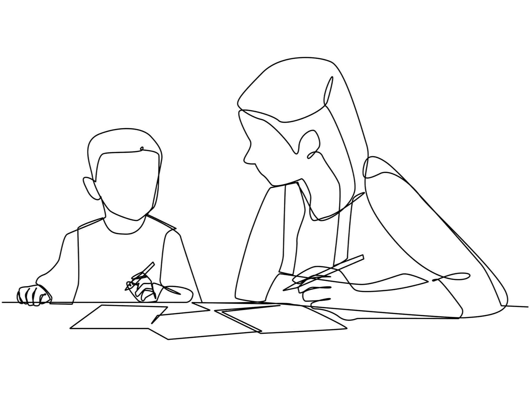 Illustration med elev och lärare som skriver med penna i block.